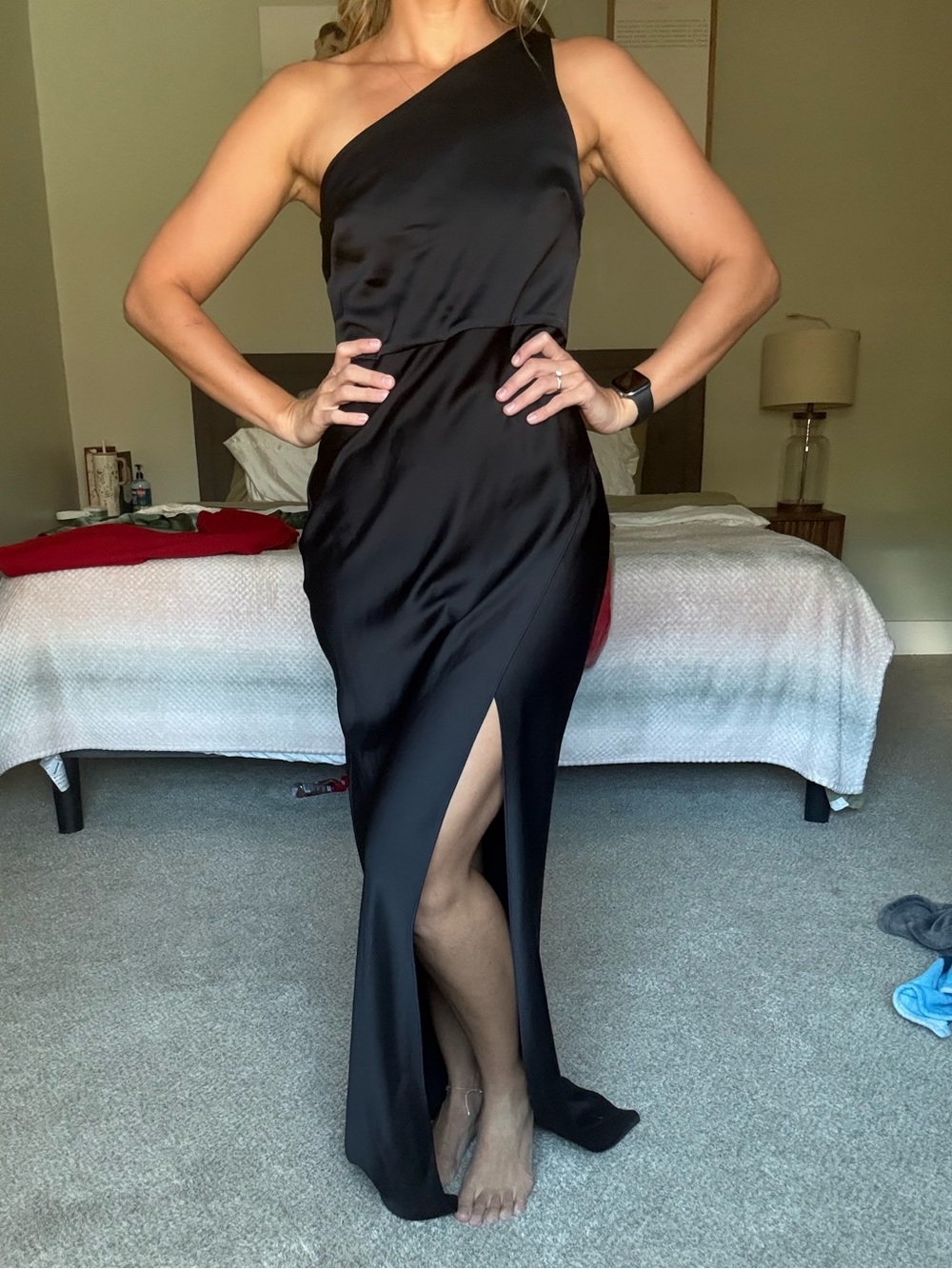 BHLDN Black One-Shoulder Satin Evening Gown with Thigh Slit